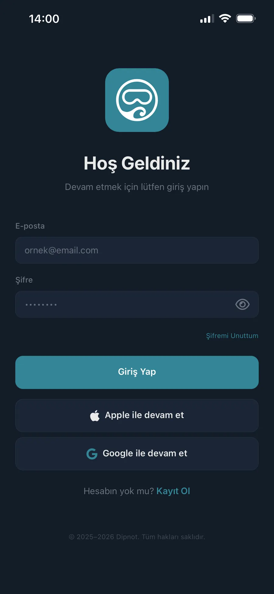 The Dipnot sign-in screen